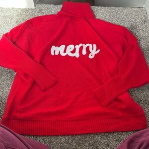 Merry Christmas Sweater- Medium Women- Turtle Neck, Balloon Sleeve